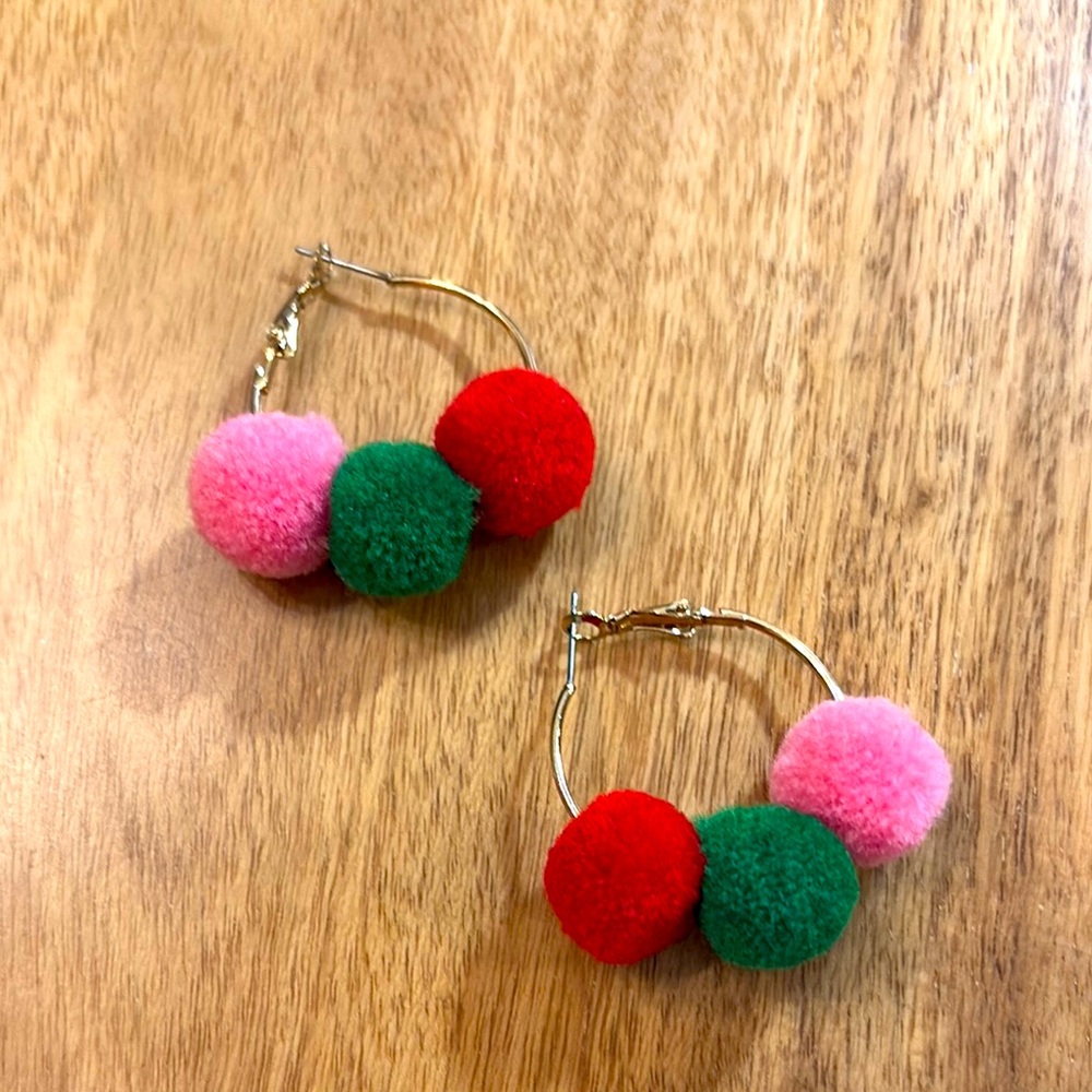 Colorful Pom Pom Hoop Earrings